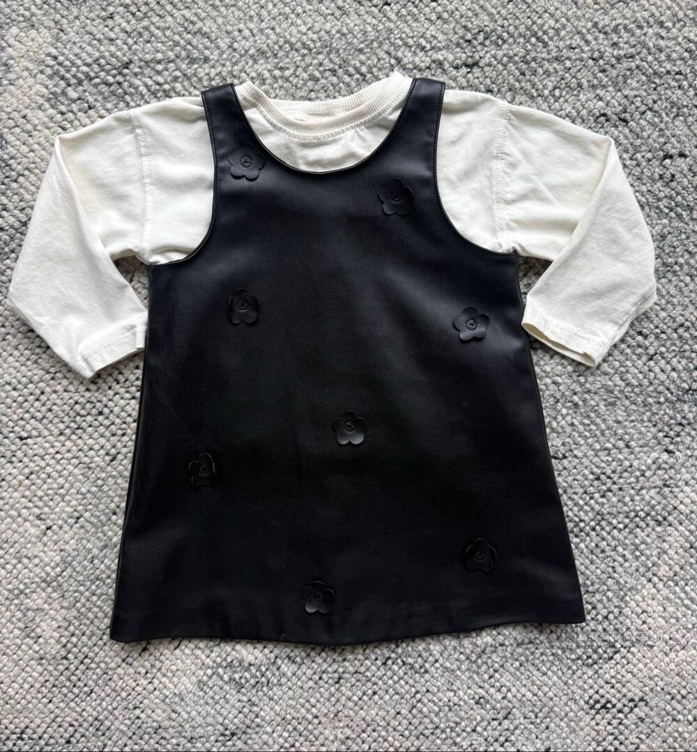 Zara Baby Girl Black Faux Leather Floral Pinafore Dress & Tee 2Y